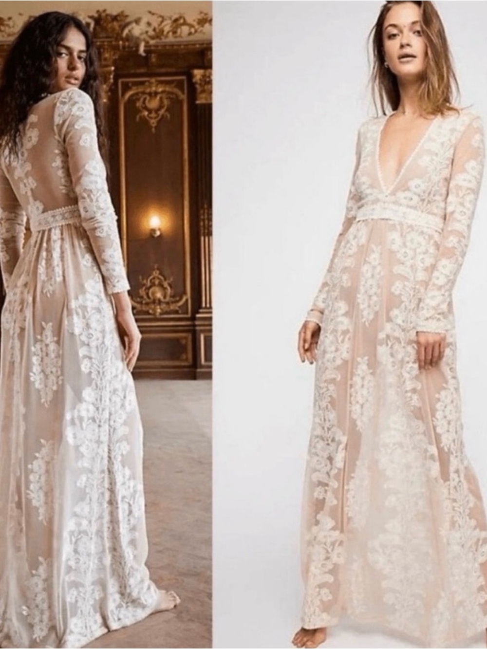For Love & Lemons Sheer Nude-White Floral Lace Maxi Dress
